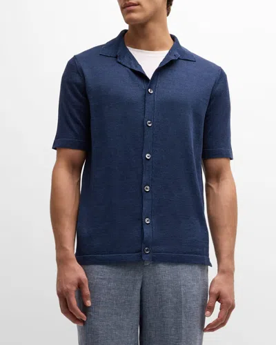 Fioroni Men's Linen-cotton Knit Short-sleeve Shirt In Navy