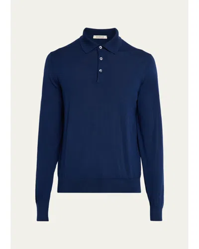 Fioroni Men's Merino Wool Knit Long-sleeve Polo Shirt In Navy