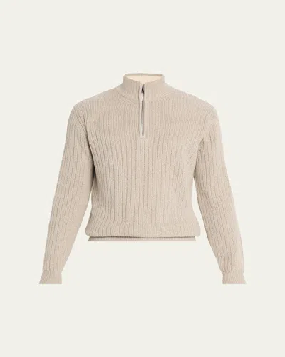 Fioroni Men's Ribbed-knit Cotton Half-zip Sweater In Brown