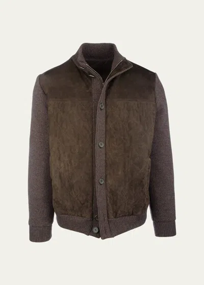 Fioroni Men's Suede Bomber Jacket W/ Knit Sleeves In Brown
