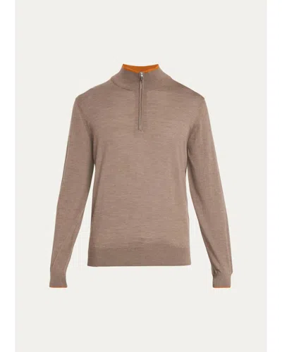 Fioroni Men's Tipped Wool Half-zip Sweater In Brown