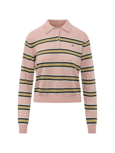 Fiorucci Angels-patch Striped Polo-collar Sweater In Pink