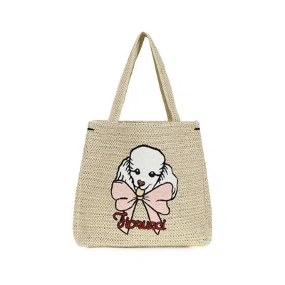 Fiorucci Raffia Tote Bag With Poodle In Neutral