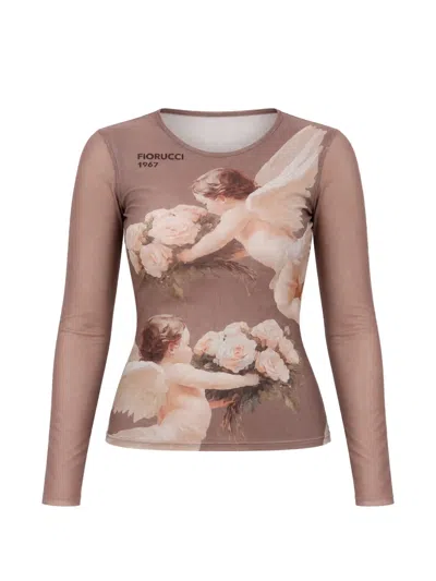 Fiorucci Bouquet Angels Print Mesh Top In 브라운