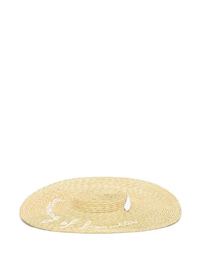 Fiorucci Embroidered-lettering Straw Hat In Gold