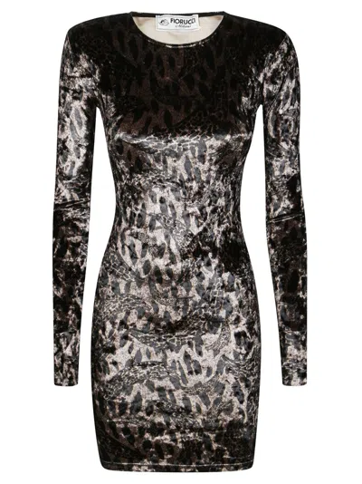 Fiorucci Fitted Mini Dress In Shiny Velvet Animal Print In Black