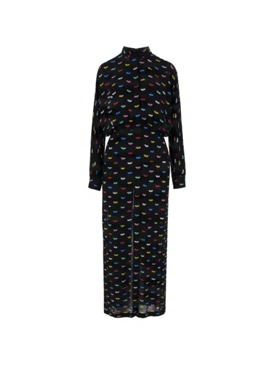 Fiorucci Lips-print Long-sleeve Midi Dress In Black