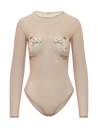 Fiorucci Long Sleeve Bodysuit With Artistic Front Print In Nude