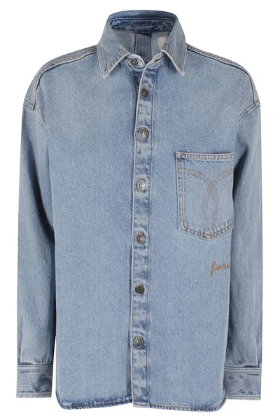 Fiorucci Open Back Embroidered Denim Shirt