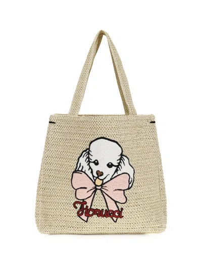 Fiorucci Poodle-embroidered Raffia Tote Bag In Beige