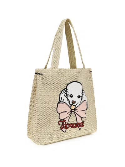 Fiorucci Poodle-embroidered Raffia Tote Bag In Beige