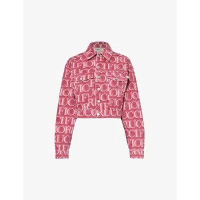 Fiorucci Womens Burgundy Monogram-pattern Cropped Organic-denim Jacket In Pink