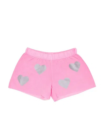 Firehouse Kids' Girl's Silver Heart Toss Fleece Shorts In Neon Pink