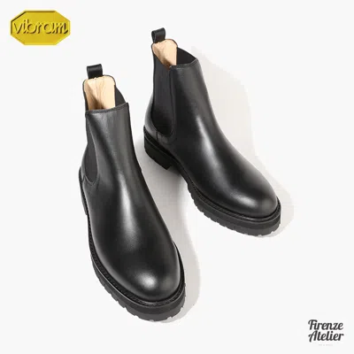 Pre-owned Firenze Atelier Men's Handmade Black Leather Ankle Chelsea Boots W/ Vibram Sole