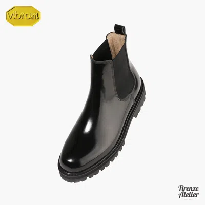 Pre-owned Firenze Atelier Men's Handmade Polished Black Leather Chelsea Boots Vibram Sole