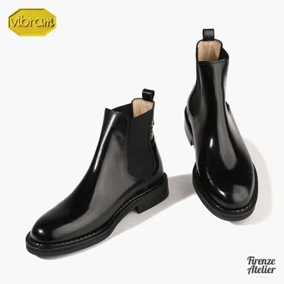 Pre-owned Firenze Atelier Men's Polished Black Leather Ankle Chelsea Boots Vibram Sole