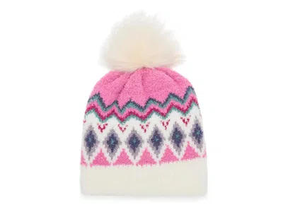 Fireside Printed Pom Beanie In White/pink