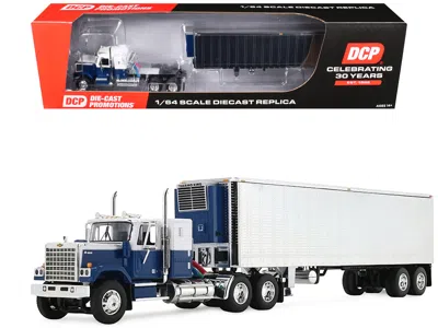First Gear Chevrolet Bison With 34" Flat Top Sleeper & 40' Vintage Trailer With Reefer Blue And White 1/64 Diec In Multi