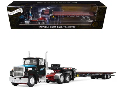 First Gear Ford Ltl 9000 Day Cab And Landoll 440b-50ca Traveling Axle Trailer "cappello Heavy Transport" Black 
