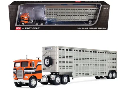 First Gear Freightliner Coe And 45' Wilson Vintage Livestock Trailer Orange With Stripes 1/64 Diecast Model By 