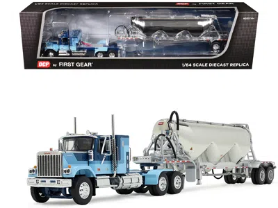 First Gear Gmc General With 34" Flat Top Sleeper And Heil Pneumatic Tank Trailer Blue With Stripes 1/64 Diecast In Multi