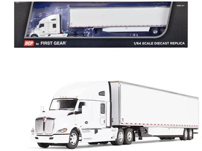 First Gear Kenworth T680 With 76" High Roof Sleeper And 53' Smooth Sided Dry Goods Trailer White 1/64 Diecast M