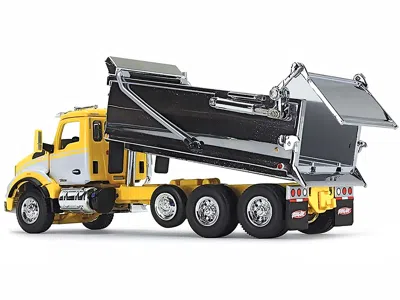 First Gear Kenworth T880 Day Cab With Rogue Transfer Dump Body Truck Yellow With White And Chrome 1/64 Diecast
