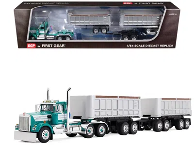 First Gear Kenworth W900a Day Cab With 22' Dual End Dump Trailers Turquoise With White Stripes 1/64 Diecast Mod