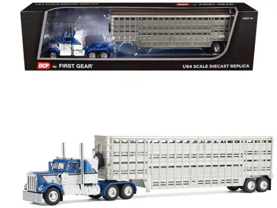 First Gear Kenworth W900a With 36" Sleeper And 45' Wilson Vintage Livestock Trailer Mariner Blue And White With