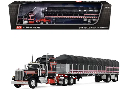 First Gear Kenworth W900a With 60" Aerodyne Sleeper And 53â€ Wilson Roadbrute Flatbed Trailer With Covered Wago In Black