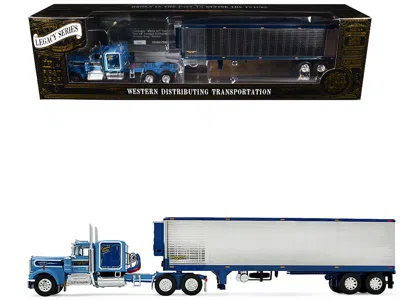 First Gear Kenworth W900a With 60" Flat Top Sleeper And 40' Vintage Refrigerated Trailer "crippled Cowboy" Blue
