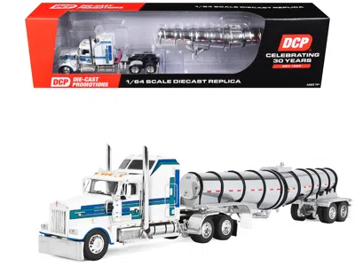 First Gear Kenworth W900l With 60" Aerodyne Sleeper And Polar Deep Drop Trailer White With Blue And Green Strip In Multi