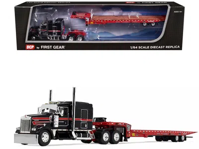 First Gear Kenworth W900l With 72" Aerocab Sleeper And Landoll 440b50ca Traveling Axle Trailer Black And Red 1/ In Multi