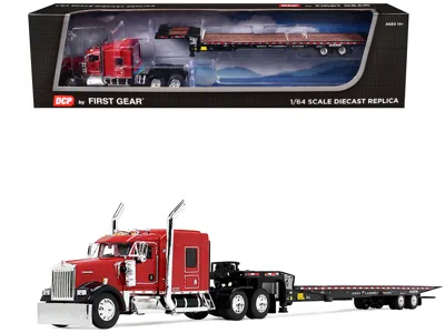 First Gear Kenworth W900l With 72" Aerocab Sleeper And Landoll 440b50ca Traveling Axle Trailer Viper Red And Bl