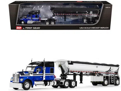 First Gear Kenworth W990 76" Mid-roof Sleeper And Mac Half Round End Dump Trailer Blue And Black 1/64 Diecast M