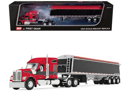 First Gear Kenworth W990 With 76" Mid-roof Sleeper And Lode King Distinction Hopper Trailer Red And Black 1/64 In Multi