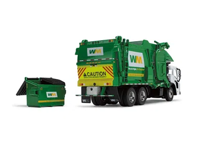 First Gear Mack Lr Garbage Truck With Mcneilus Meridian Front Load Refuse Body White And Green With Refuse Bin 