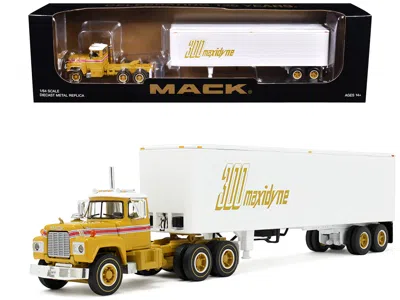 First Gear Mack R-model Day Cab And 40' Vintage Trailer Yellow With Red Stripes And White Top "mack Anniversary