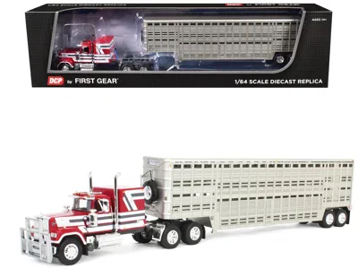 First Gear Mack Super-liner With 60" Flat Top Sleeper And 45' Wilson Vintage Livestock Trailer Red With White A