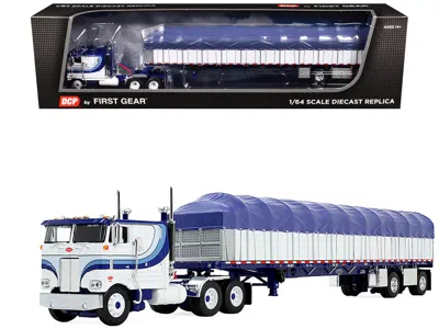 First Gear Peterbilt 352 Coe 110" Sleeper And 53â€ Wilson Roadbrute Flatbed Trailer With Covered Wagon White Wi In Blue