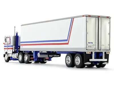 First Gear Peterbilt 352 Coe 86" Sleeper And 40' Vintage Refrigerated Trailer White With Blue And Red Stripes "