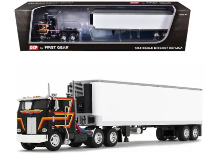 First Gear Peterbilt 352 Coe 86" Sleeper And 40' Vintage Trailer With Reefer Black With Stripes 1/64