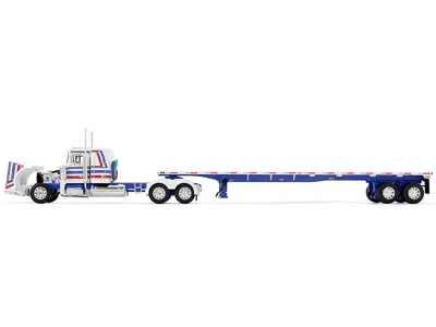 First Gear Peterbilt 359 With 36" Flat Top Sleeper And 48' Utility Flatbed Trailer White With Blue And Red Stri