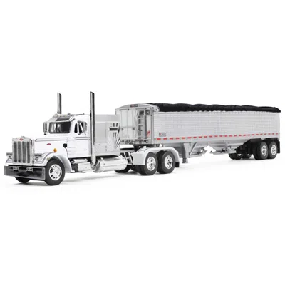 First Gear Peterbilt 359 With 60 Vintage Sleeper & 43 Wilson High Side Grain Trailer White & Chrome 1-64 Scale