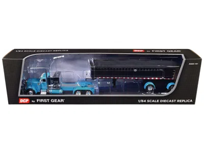 First Gear Peterbilt 379 With 60" Vintage Sleeper And Mac Coal End Dump Trailer Cyan Blue And Chrome 1/64 Dieca