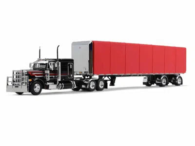 First Gear Peterbilt 379 With 63" Flat Top Sleeper And 53' Utility Roll Tarp Spread-axle Trailer Black And Red