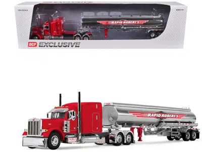 First Gear Peterbilt 379 With 63" Mid-roof Sleeper And Heil Fuel Tank Trailer "rapid Roberts" Red 1/64 Diecast 
