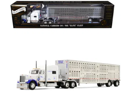 First Gear Peterbilt 379 With 70" Mid-roof Sleeper And Wilson Silverstar Livestock Trailer "national Carriers"  In White