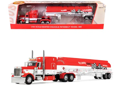 First Gear Peterbilt 389 63" Mid-roof Sleeper W/ Heil Fuel Tank Trailer Busted Knuckle Garage Red/white 1/64 Di