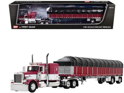 First Gear Peterbilt 389 With 63" Flat Top Sleeper And 53â€ Wilson Roadbrute Flatbed Trailer With Covered Wagon In Red